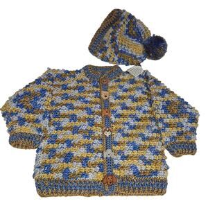 Hand Crochet Baby Sweater & Hat Set 9-12 Month Dog Buttons Poodle Hound Blue New